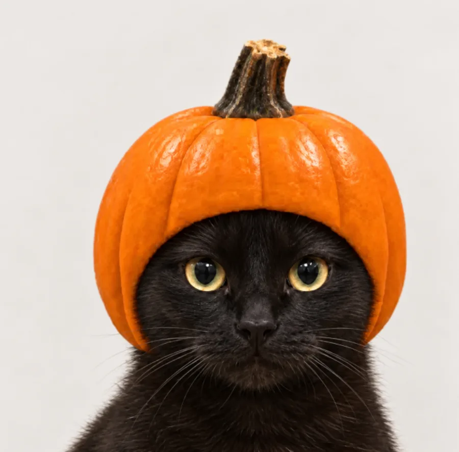 Pump Cat: a black cat with a hollow orange pumpkin on its head, staring straight ahead
