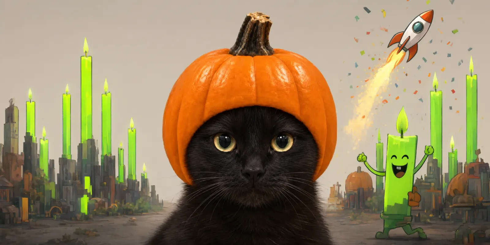 Pump Cat staring ahead while green candles climb and Candle cheers beside a rocket